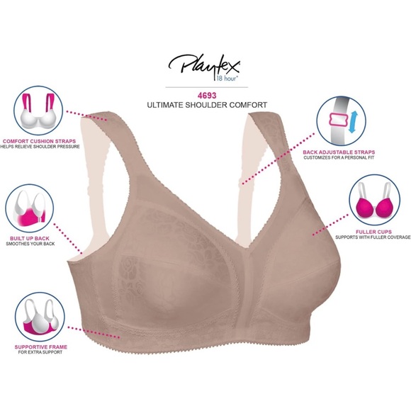 PLAYTEX Women's 18 Hour Comfort-Strap Wireless Bra with 4-Way TruSupport 44D - Picture 5 of 8